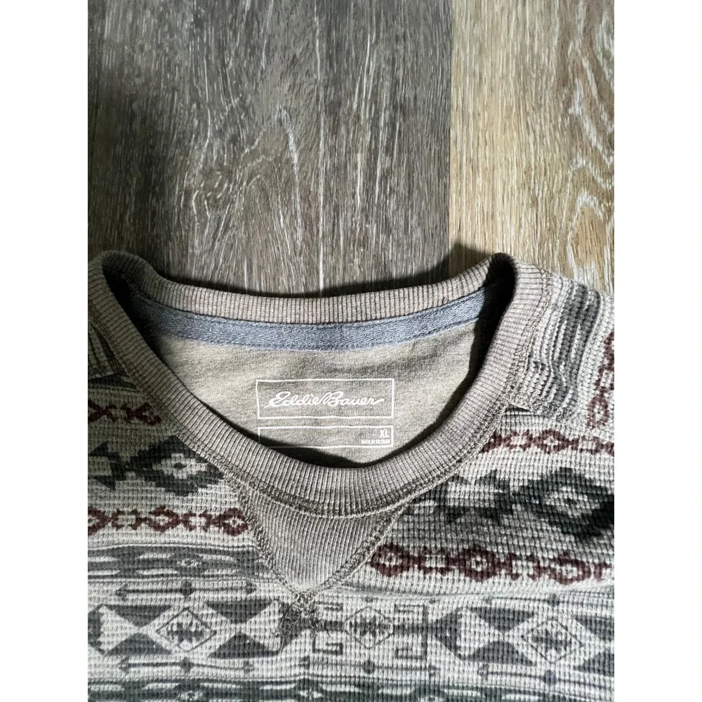Eddie Bauer Thermal Waffle Knit Mens XL Grey Aztec Southwestern Long Sleeve - Picture 2 of 6